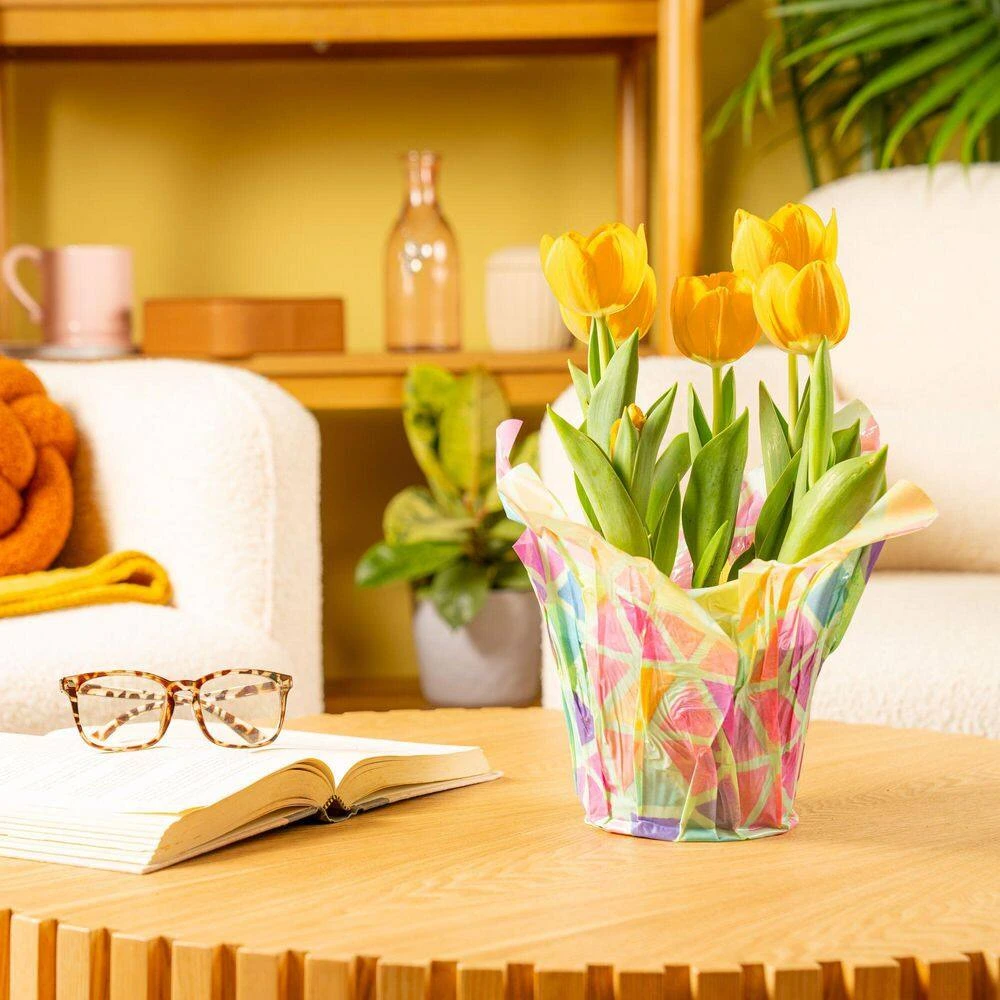 6 In. Yellow Tulip Plant In Easter Decor Mylar Wrap, Average Shipping Height 10 In. Tall 5 6 In. Yellow Tulip Plant In Easter Decor Mylar Wrap, Average Shipping Height 10 In. Tall - Image 3